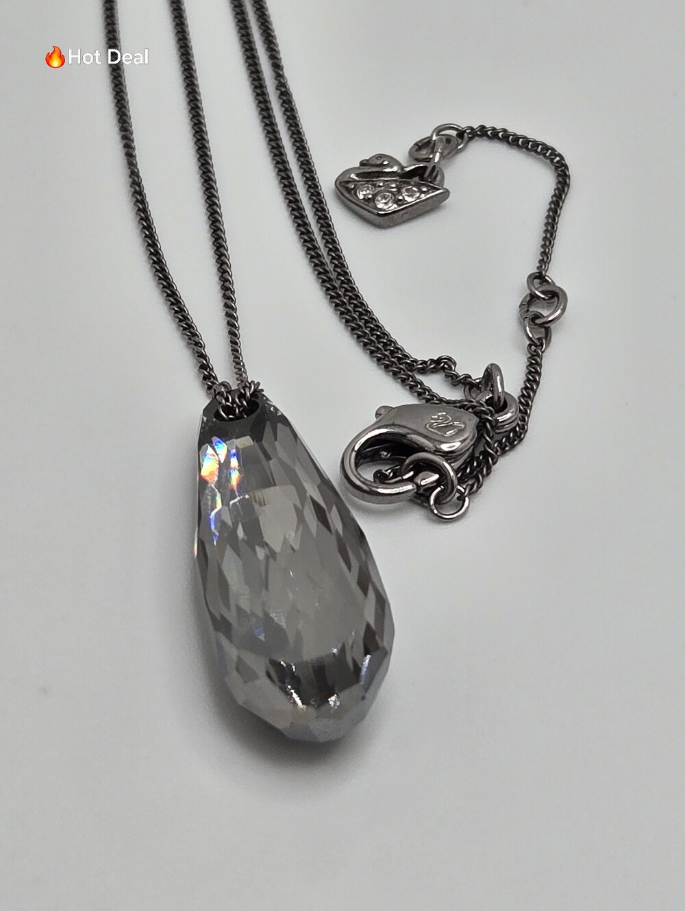 Swarovski Crystal Teardrop Pendant Necklace Gunmetal Swan Signed 18"